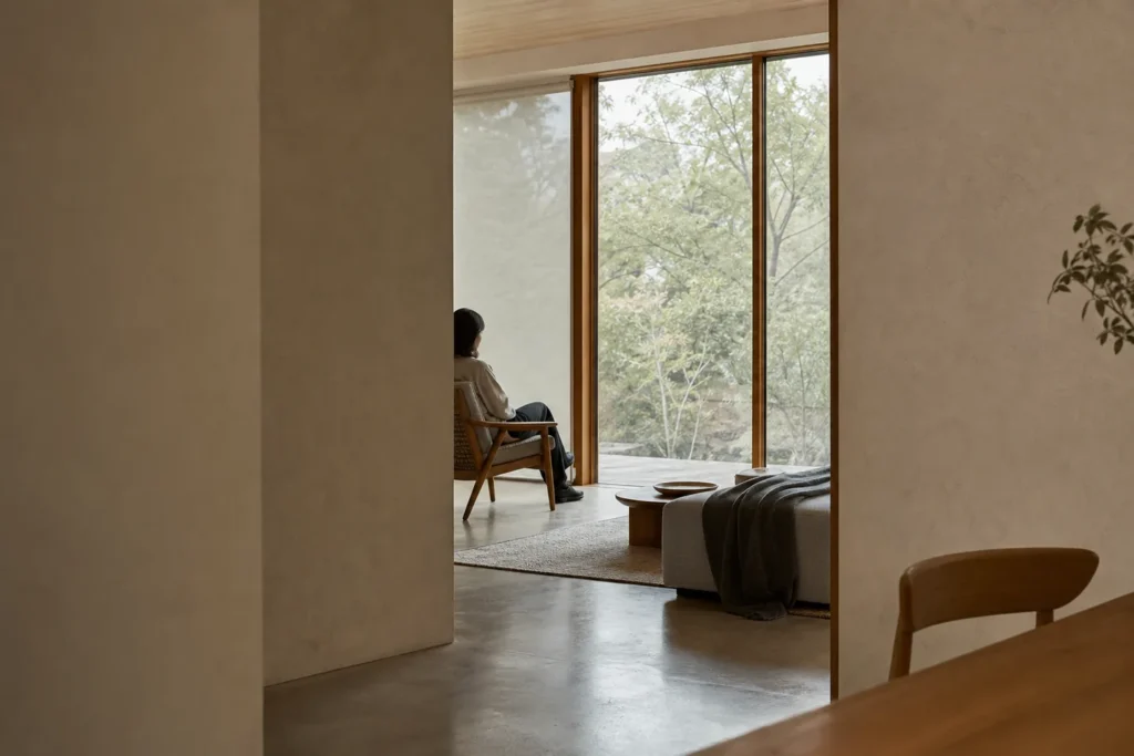 A distant person seated near a window in a quiet, warm interior.