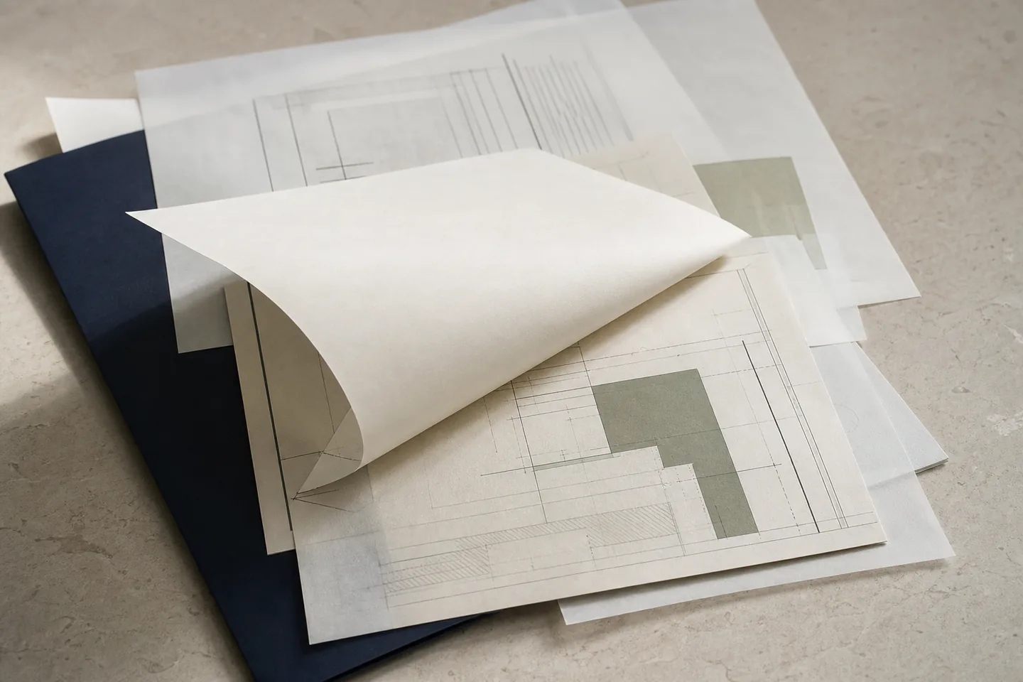 Layered documents and translucent pages arranged for structured analysis.