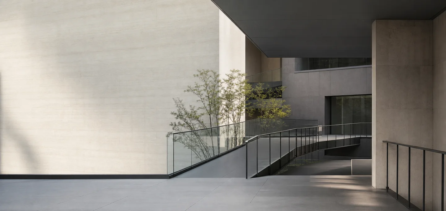 Architectural lines and layered paths converging toward a clear structure.