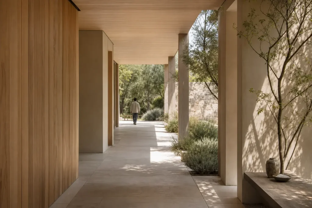 A distant person walking through a warm architectural passage toward a garden.