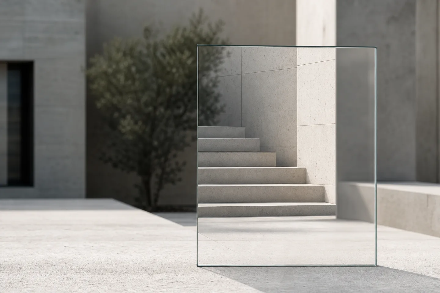 A reflective glass element reframing an architectural scene.