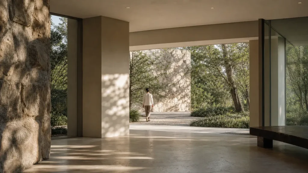 A distant person crossing an architectural threshold toward filtered greenery.