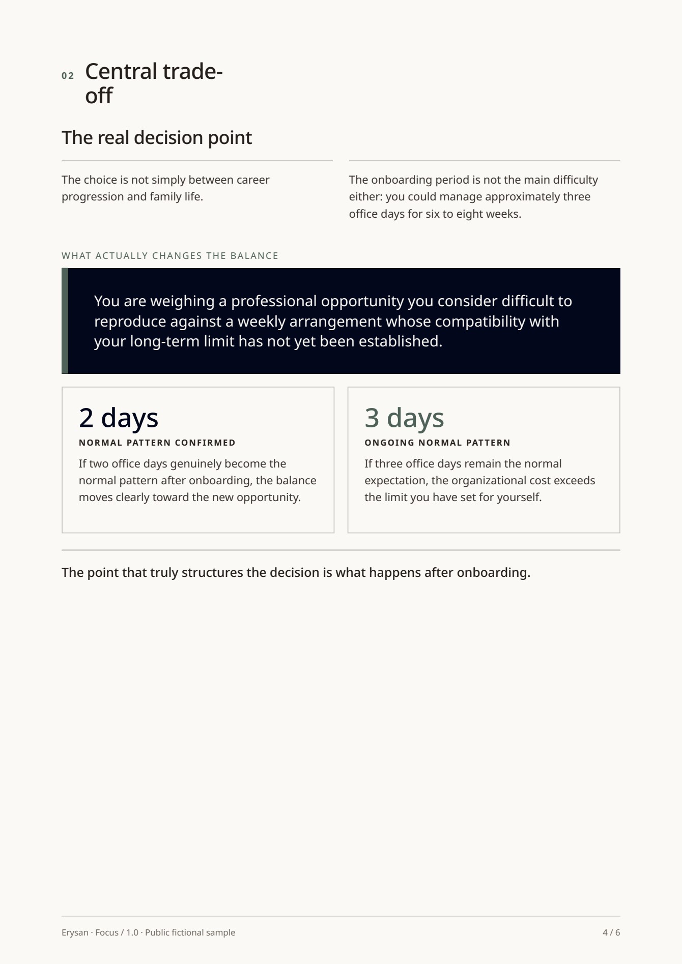 Trade-off page from the public fictional Focus sample.
